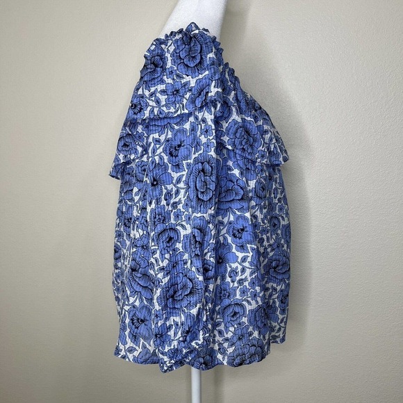 Ann Taylor Petite White & Blue Floral Off the Shoulder 3/4 Sleeve Flowy Top LP - Picture 8 of 11